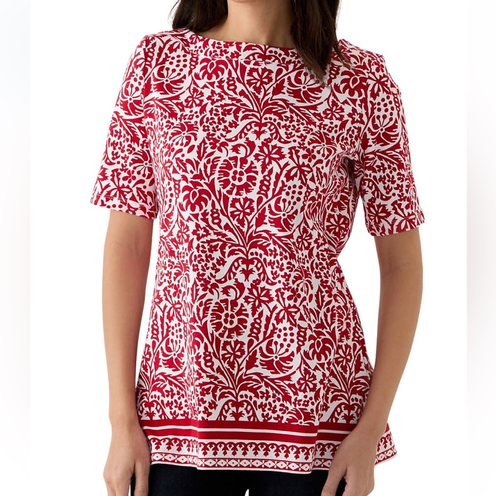 Kim Rogers Red and White Floral Short Sleeve Top